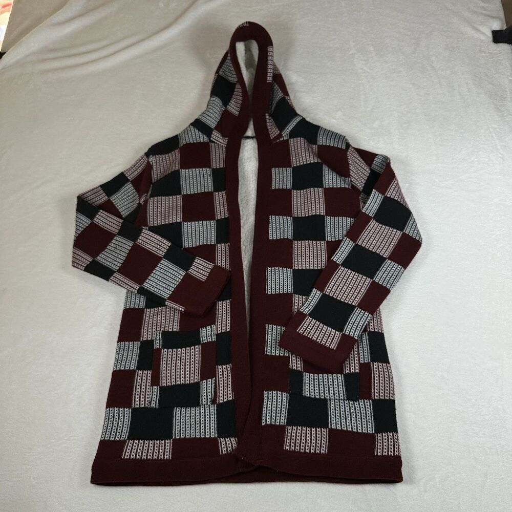 Aztec Pattern Sherpa Lined Hooded Cardigan Burgundy Open Front Jacket S/M